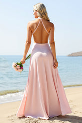 Bonbonrosa Neckholder Langes Brautjungfernkleid